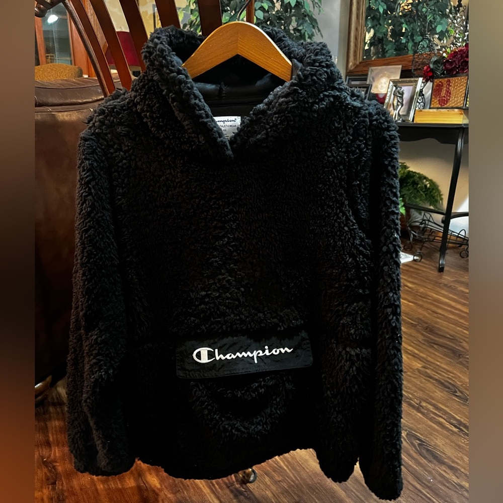 Champion Hoodie Faux Sherpa Furry Hoodie Fleece Front Pouch Pocket BlackXL